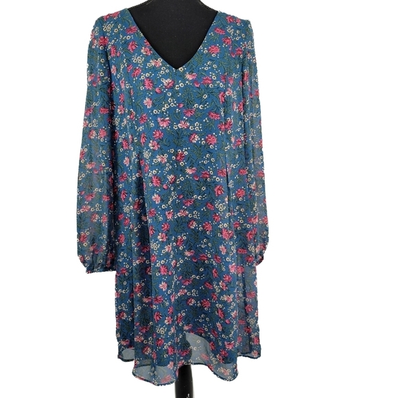 INC INTERNATIONAL CONCEPTS V Neck Sheer Long sleeve Shift Dress Teal Floral - Picture 1 of 9